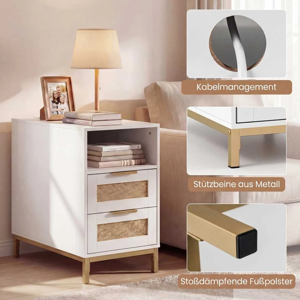 Promotions Šoninis staliukas su įkrovimo stotele, 60x35x61 cm, balta, ratanas ir medis