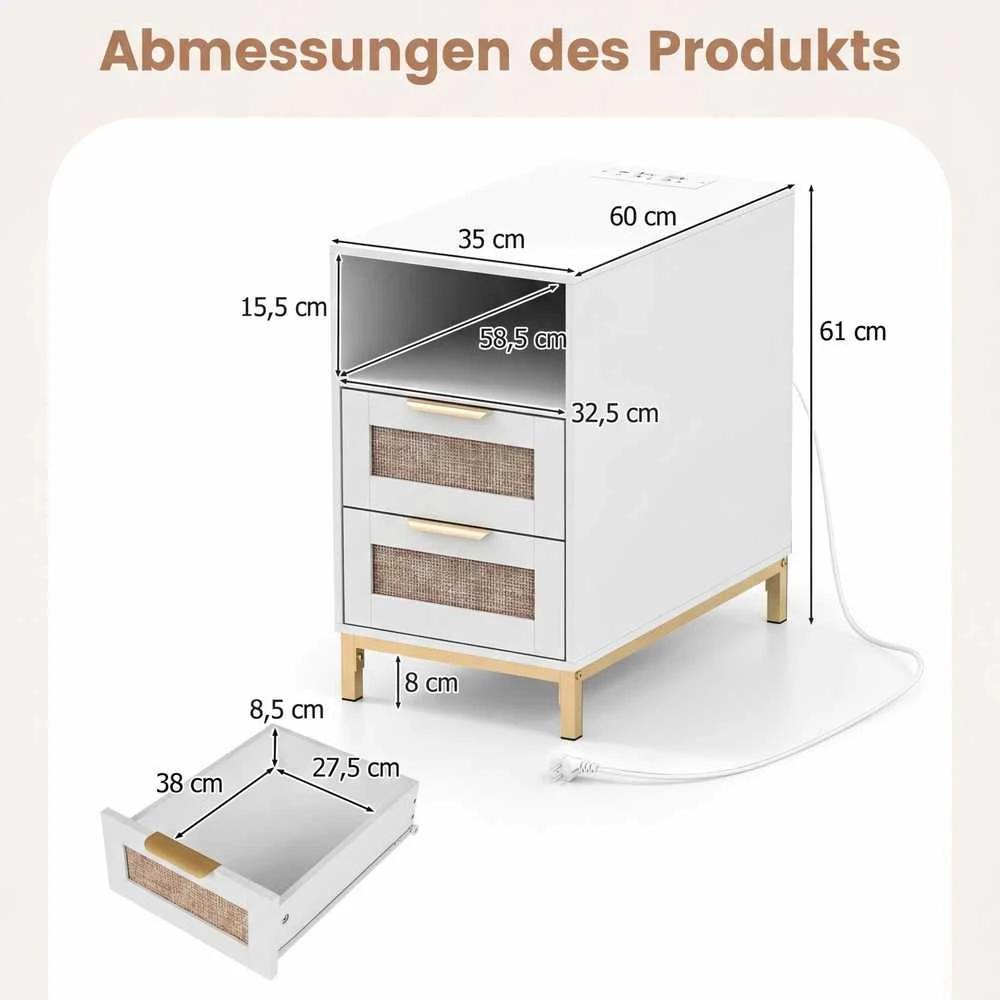 Promotions Šoninis staliukas su įkrovimo stotele, 60x35x61 cm, balta, ratanas ir medis