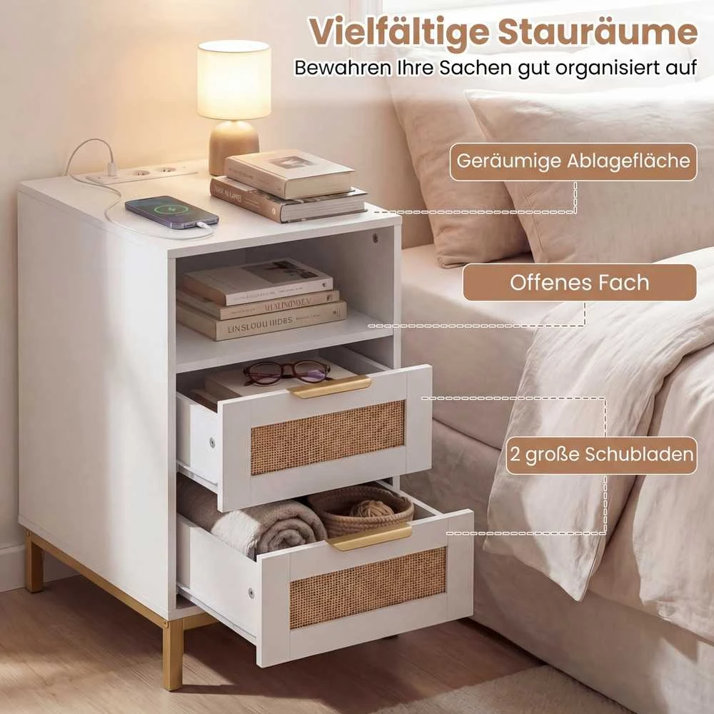 Promotions Šoninis staliukas su įkrovimo stotele, 60x35x61 cm, balta, ratanas ir medis