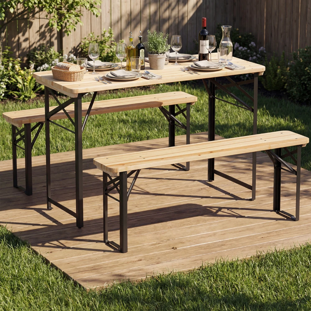 Lauko baldų komplektas Promotions Stalo ir suolo komplektas 118x50x75 cm natūralaus sulankstomo medžio ir metalo