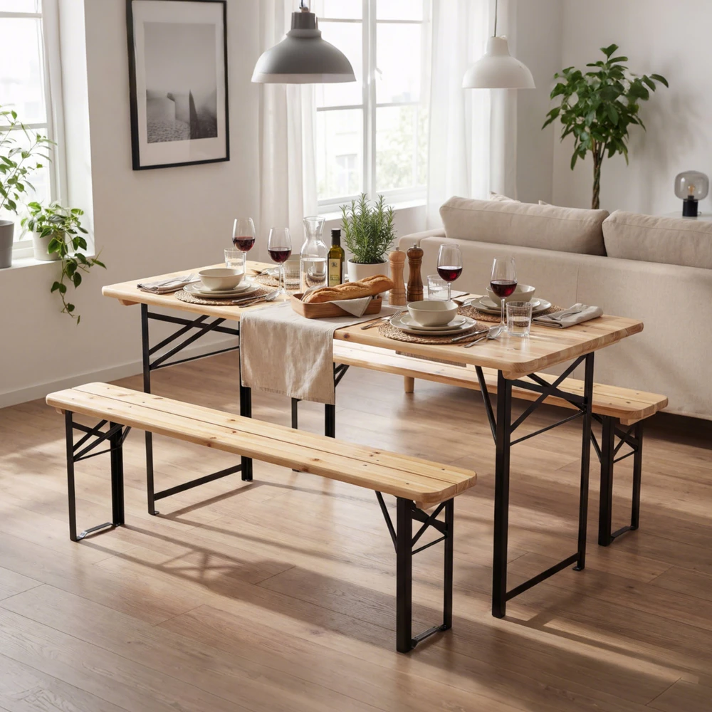 Lauko baldų komplektas Promotions Stalo ir suolo komplektas 118x50x75 cm natūralaus sulankstomo medžio ir metalo