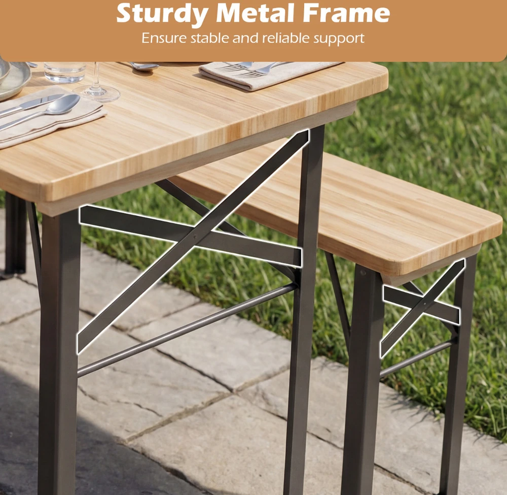 Lauko baldų komplektas Promotions Stalo ir suolo komplektas 118x50x75 cm natūralaus sulankstomo medžio ir metalo