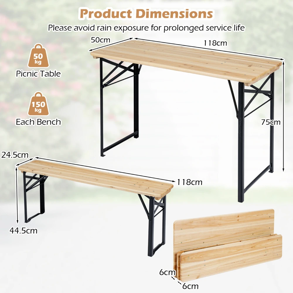 Lauko baldų komplektas Promotions Stalo ir suolo komplektas 118x50x75 cm natūralaus sulankstomo medžio ir metalo