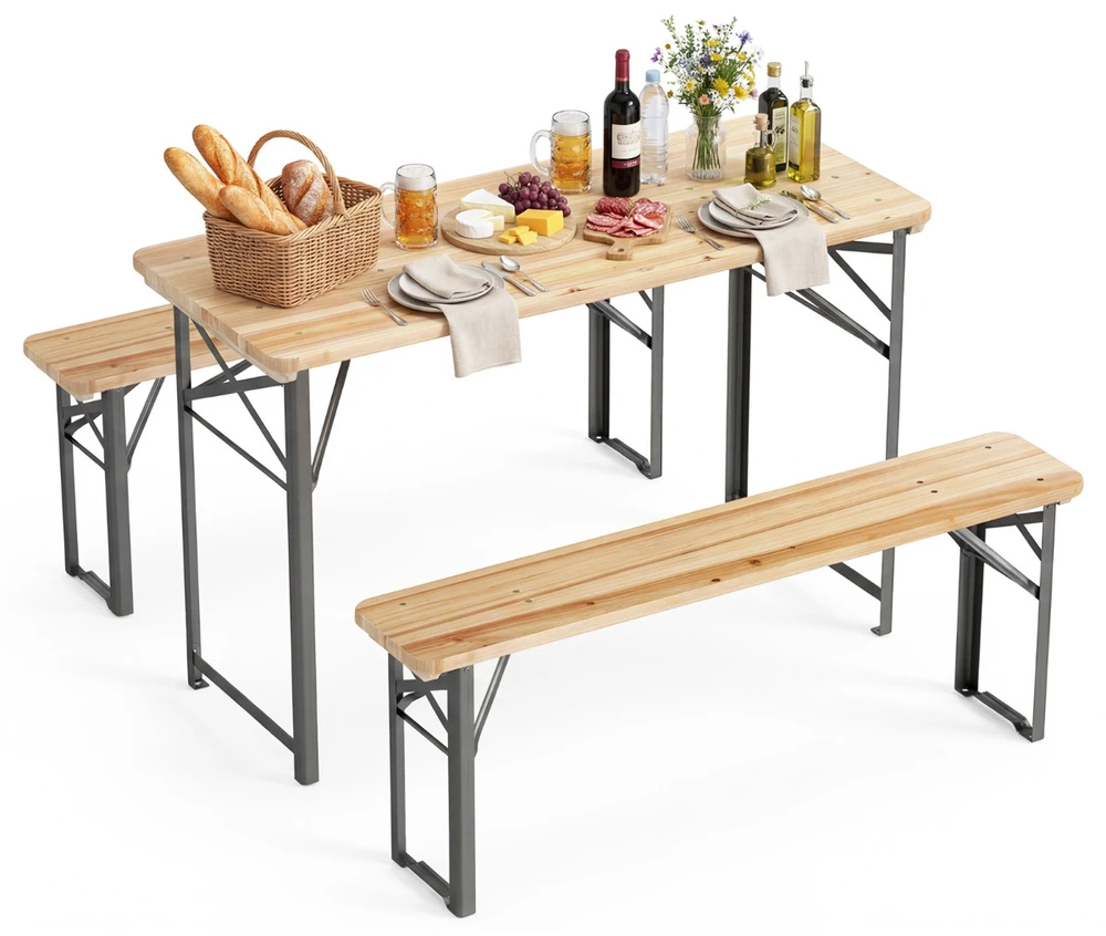 Lauko baldų komplektas Promotions Stalo ir suolo komplektas 118x50x75 cm natūralaus sulankstomo medžio ir metalo
