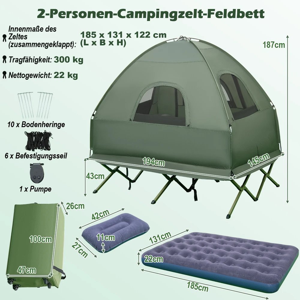 Promotions Stovyklavimo palapinės lova 5-in-1 Dvigulė 194x145x185 cm Žalia Nešiojama