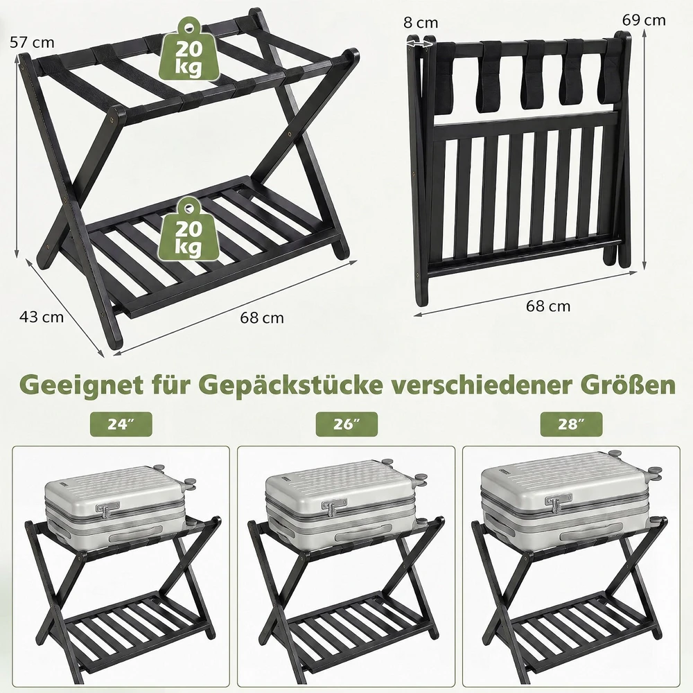 Promotions Sulankstoma lagamino stovėjimo vieta su dirželiais ir lentynomis daiktams 68x43x57 cm juoda/natūrali