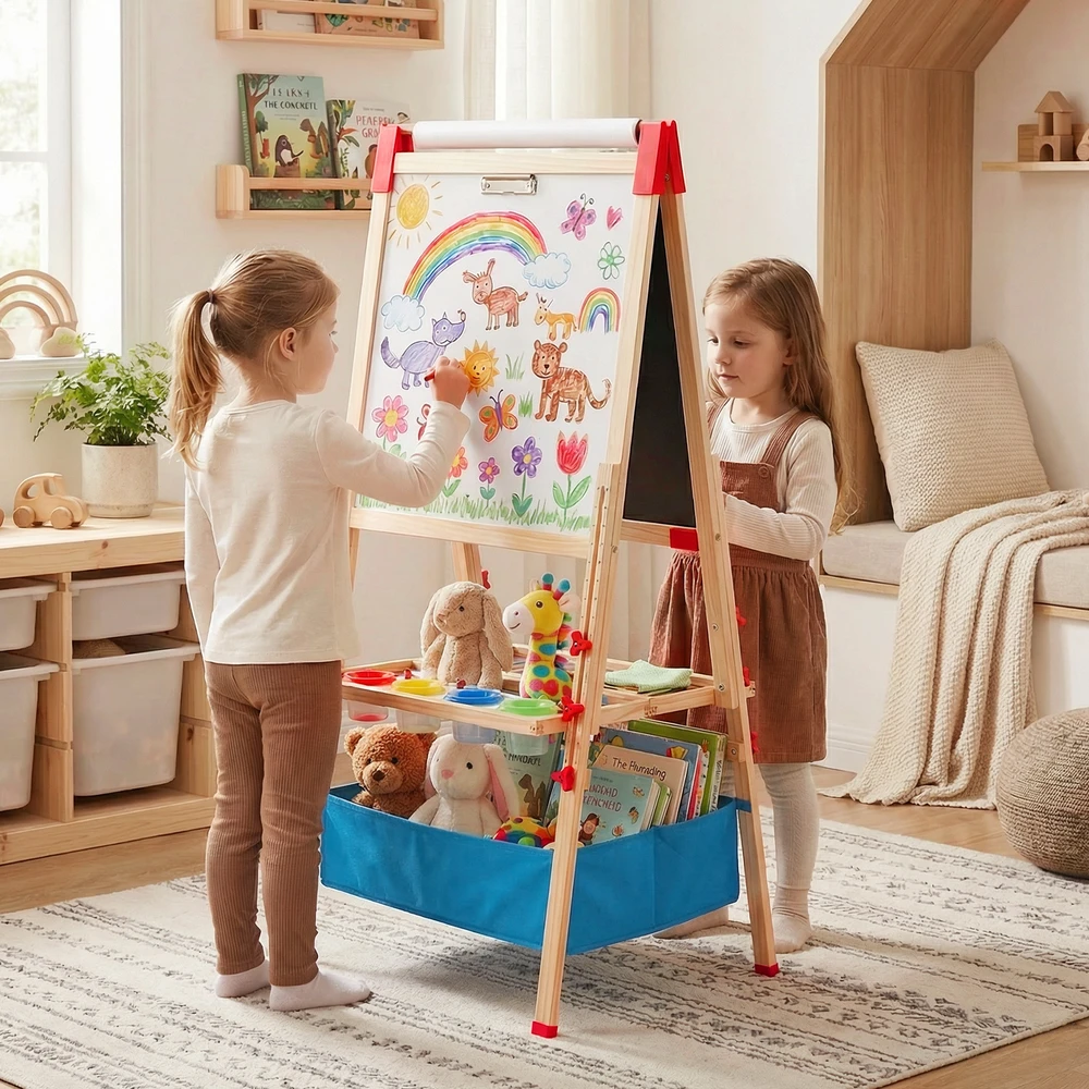Promotions Sulankstomas dvipusis magnetinis molbertas 55.9x53.3x119.4-144.8 cm daugiakryptis medinis