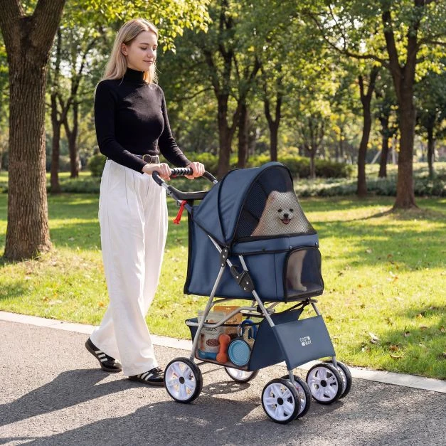 Promotions Sulankstomas gyvūnų vežimėlis su 4 ratais mažiems šunims/katėms iki 15 kg mėlynas