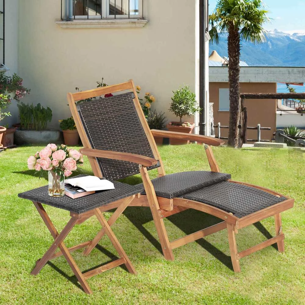 Promotions Sulankstomas lauko rotango poilsio kėdė ir akacijos medienos staliukas, 45,7x45,7x45,7 cm, ruda