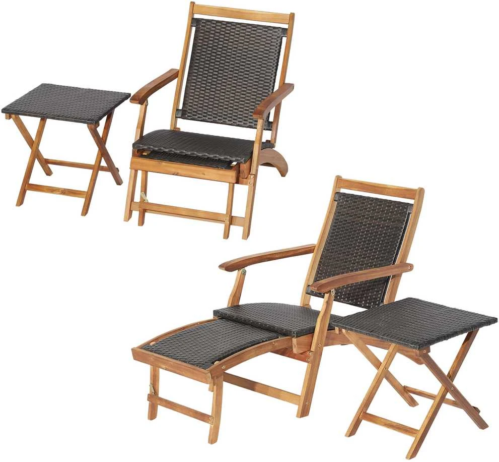 Promotions Sulankstomas lauko rotango poilsio kėdė ir akacijos medienos staliukas, 45,7x45,7x45,7 cm, ruda