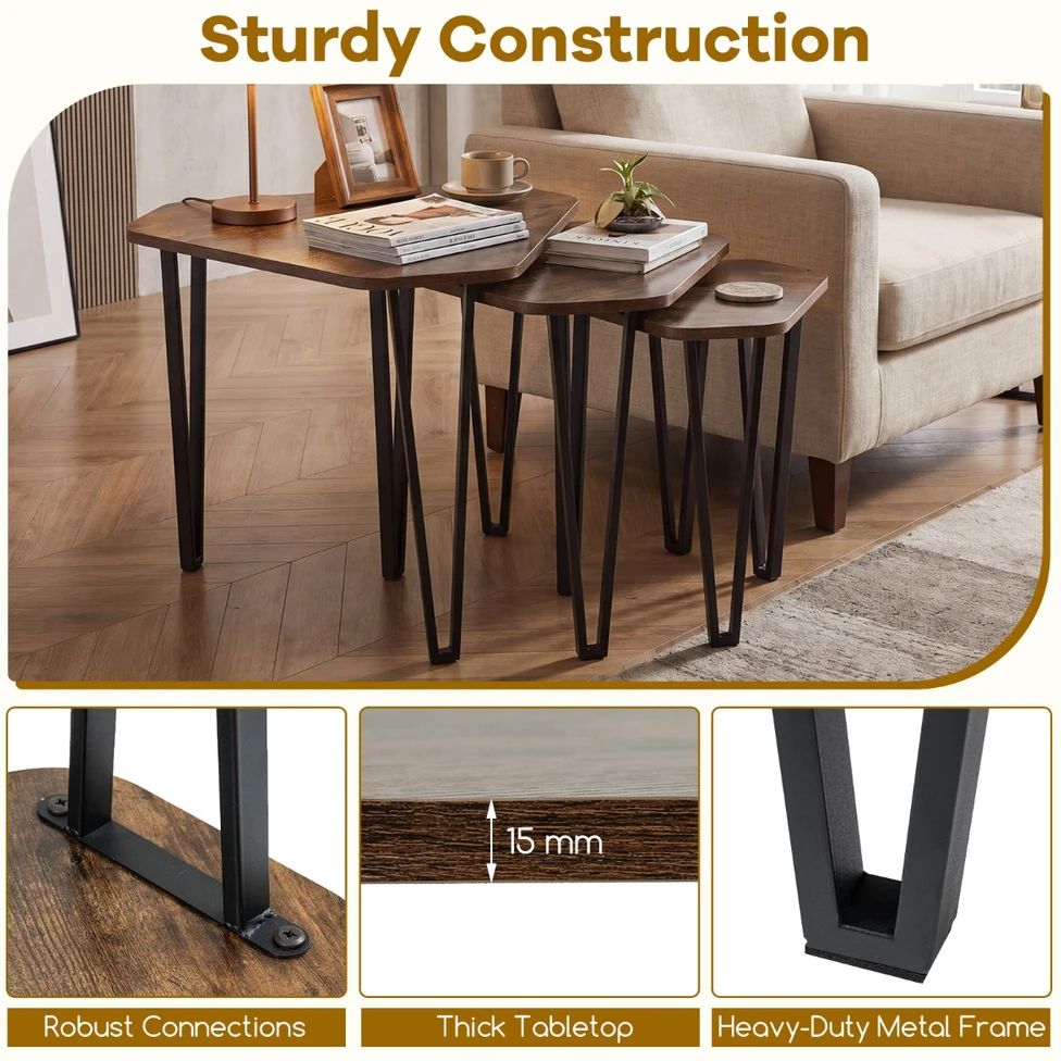 Promotions Sulankstomi šoniniai stalai 3 vnt. 58,5x52,5x45,5 cm, kaimiškos rudos/spalvos juodos
