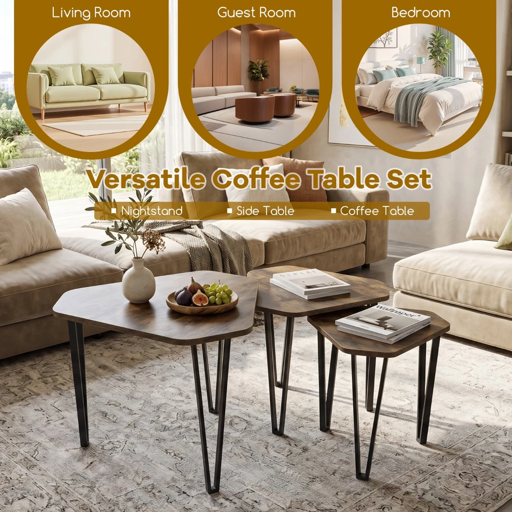 Promotions Sulankstomi šoniniai stalai 3 vnt. 58,5x52,5x45,5 cm, kaimiškos rudos/spalvos juodos
