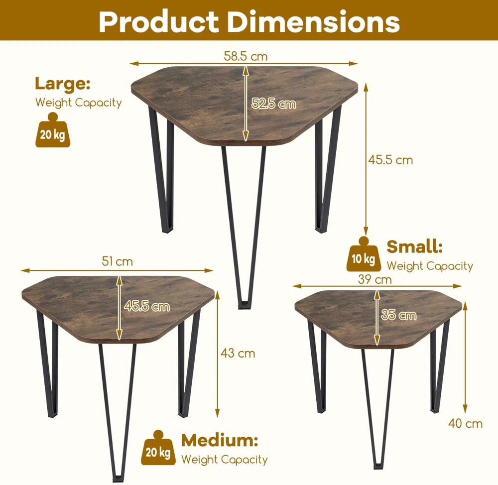 Promotions Sulankstomi šoniniai stalai 3 vnt. 58,5x52,5x45,5 cm, kaimiškos rudos/spalvos juodos
