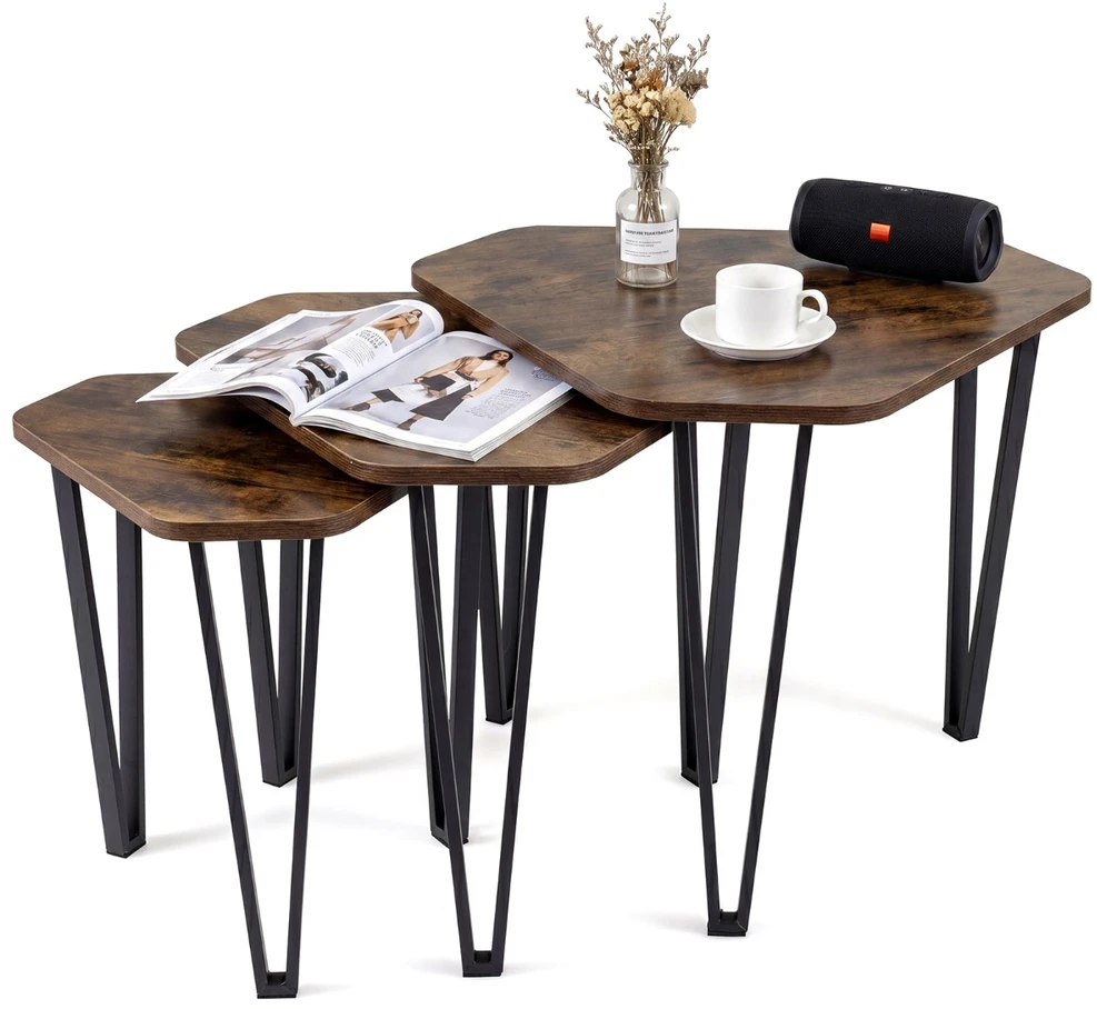 Promotions Sulankstomi šoniniai stalai 3 vnt. 58,5x52,5x45,5 cm, kaimiškos rudos/spalvos juodos