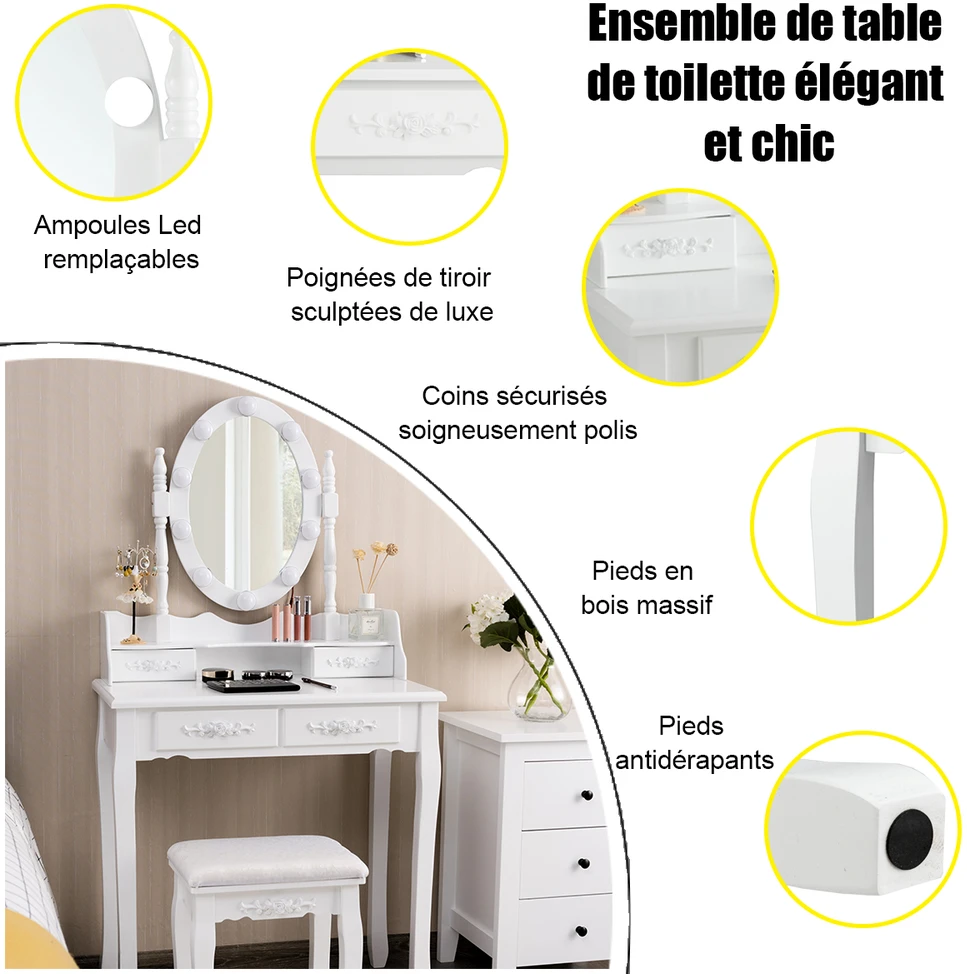 Promotions Tualetinis staliukas su LED apšvietimu ir 4 stalčiais 75x40x145 cm baltas