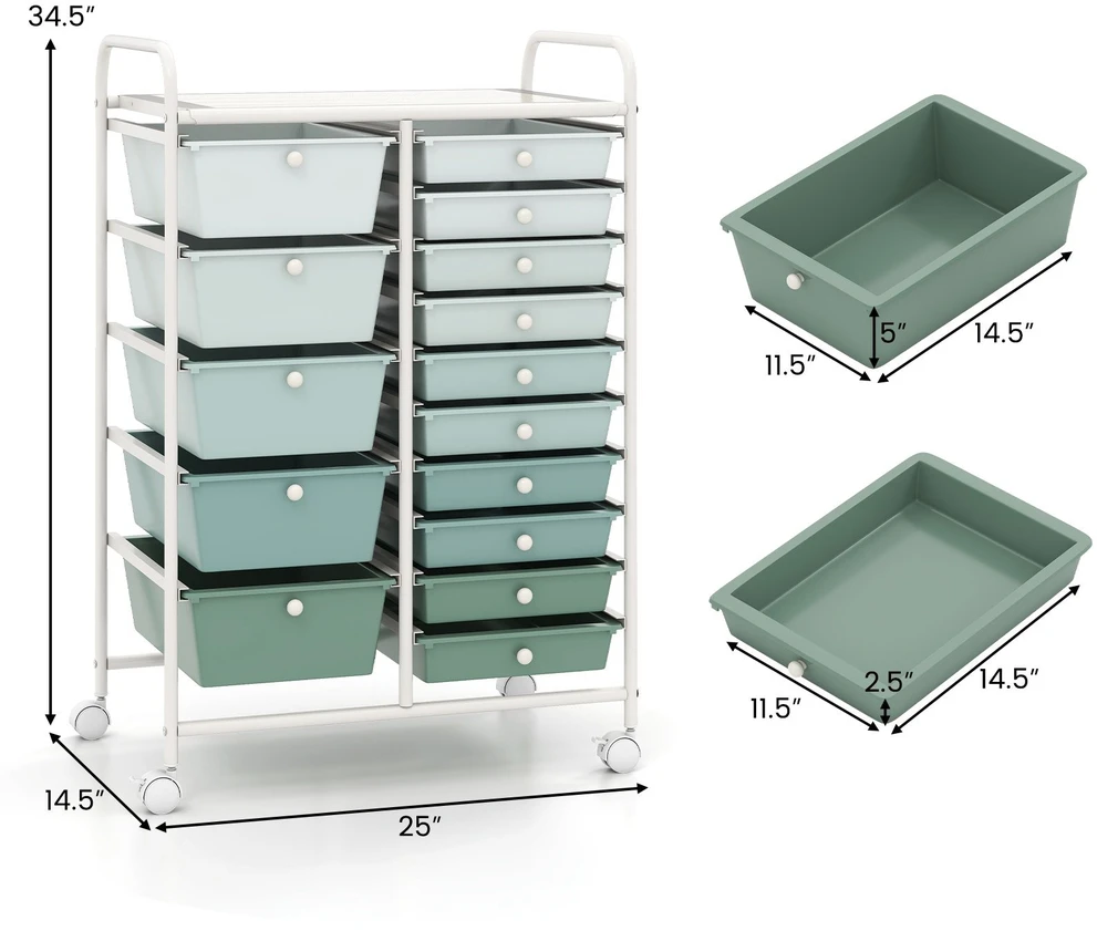Promotions Universalus vežimėlis su ratukais, 15 stalčių, 63,5x36,8x87,6 cm, baltas/pilkas/rožinis/kreminis/geltonas