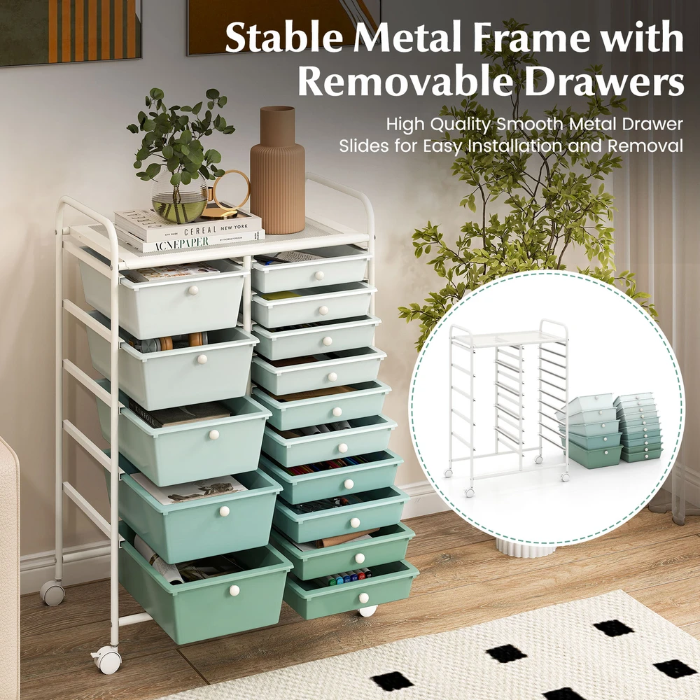 Promotions Universalus vežimėlis su ratukais, 15 stalčių, 63,5x36,8x87,6 cm, baltas/pilkas/rožinis/kreminis/geltonas