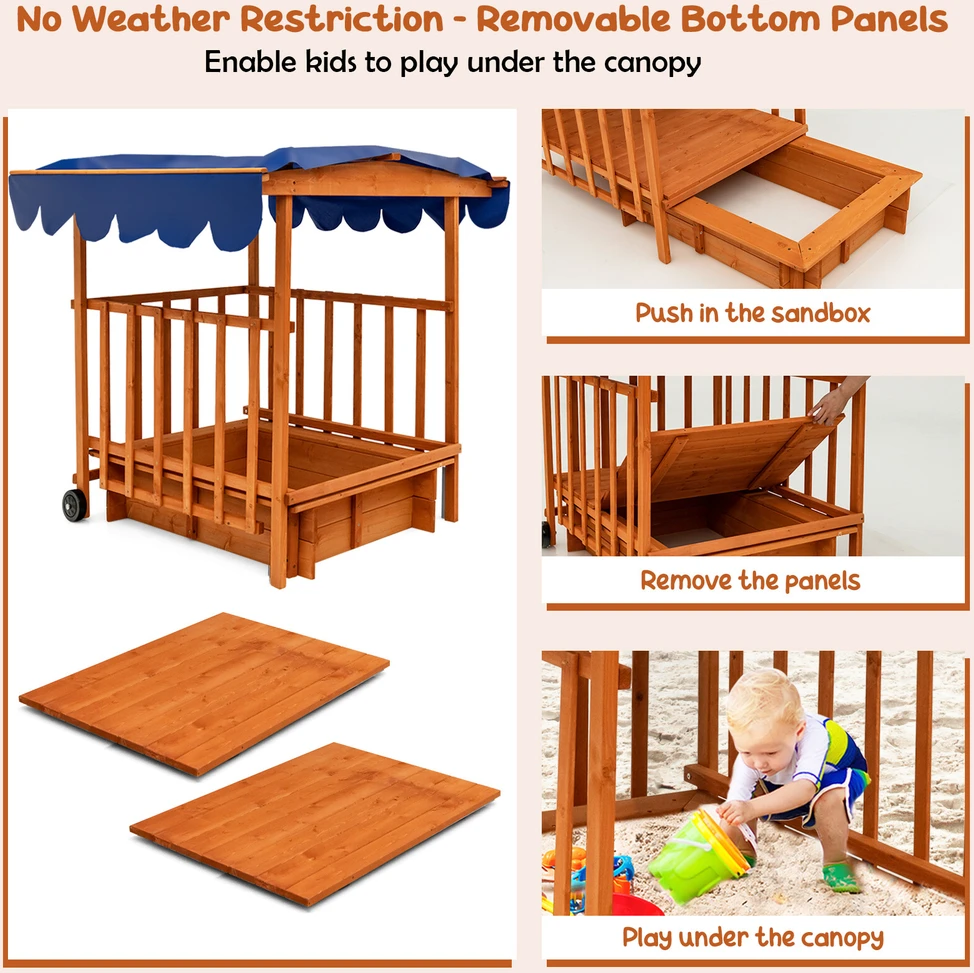 Promotions Vaikiška lauko medinė smėlio dėžė su ištraukiamu dangčiu ir ratukais 95x71x20 cm natūrali/mėlyna