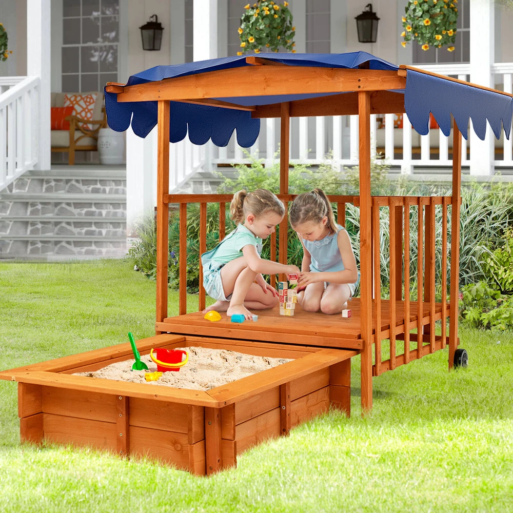 Promotions Vaikiška lauko medinė smėlio dėžė su ištraukiamu dangčiu ir ratukais 95x71x20 cm natūrali/mėlyna
