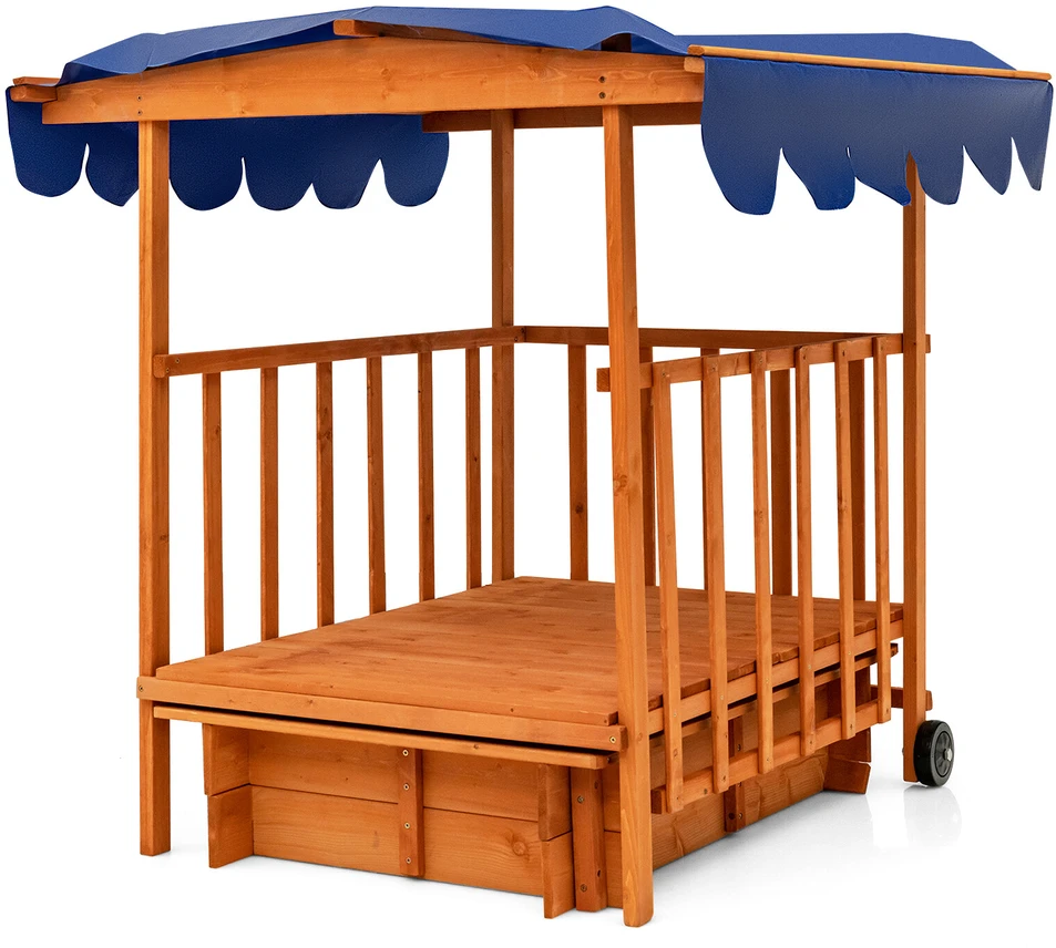 Promotions Vaikiška lauko medinė smėlio dėžė su ištraukiamu dangčiu ir ratukais 95x71x20 cm natūrali/mėlyna