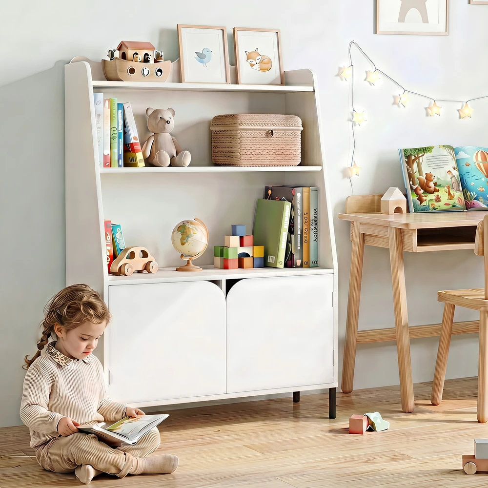 Promotions Vaikiška lentyna su 3 atviromis nišomis ir 2 durelėmis 80x30x121 cm balta
