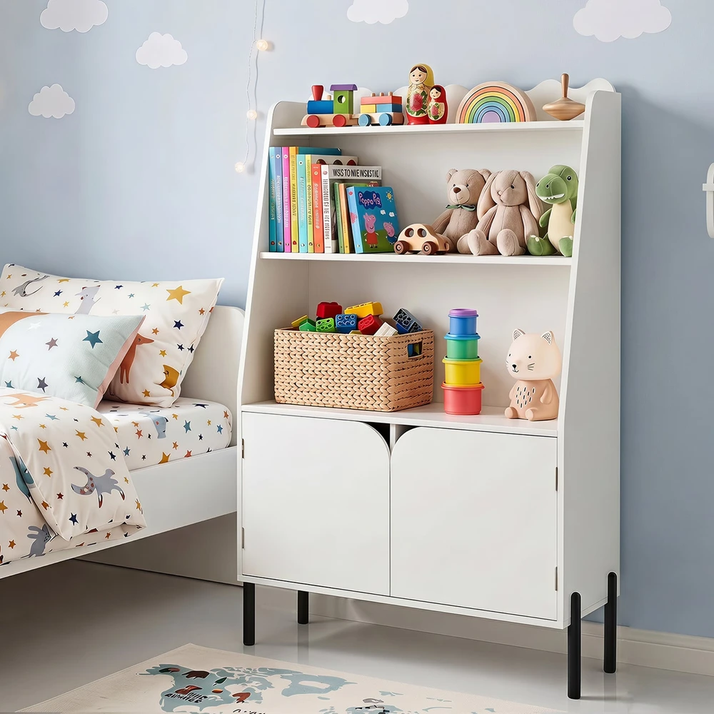 Promotions Vaikiška lentyna su 3 atviromis nišomis ir 2 durelėmis 80x30x121 cm balta