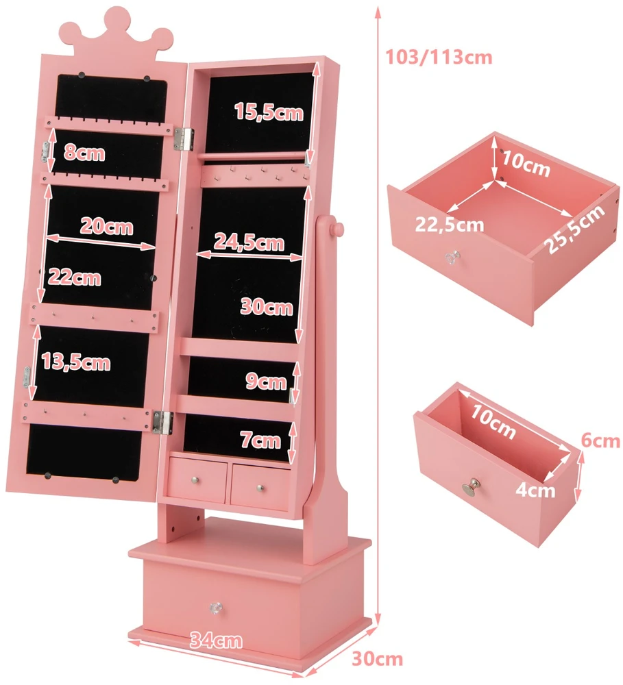 Promotions Vaikiška papuošalų spintelė su pilno ilgio veidrodžiu ir stalčiais 34,3x30,5x102,9/113 cm rožinė/balta