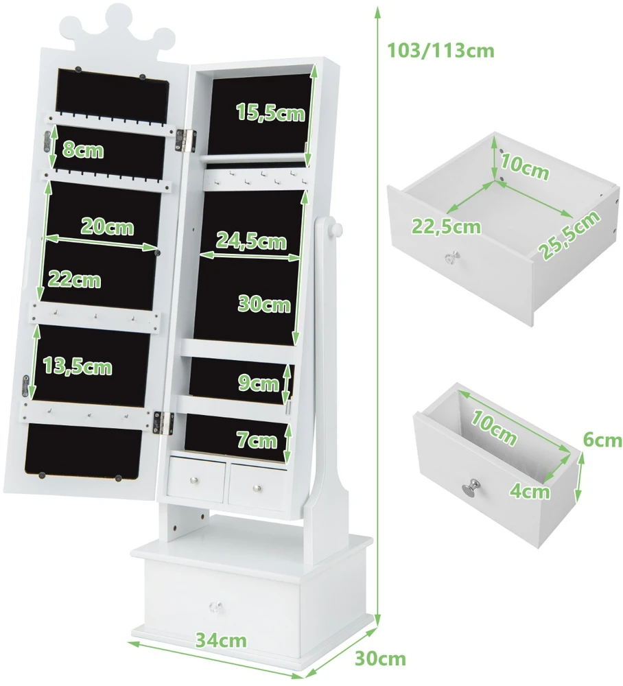 Promotions Vaikiška papuošalų spintelė su pilno ilgio veidrodžiu ir stalčiais 34,3x30,5x102,9/113 cm balta