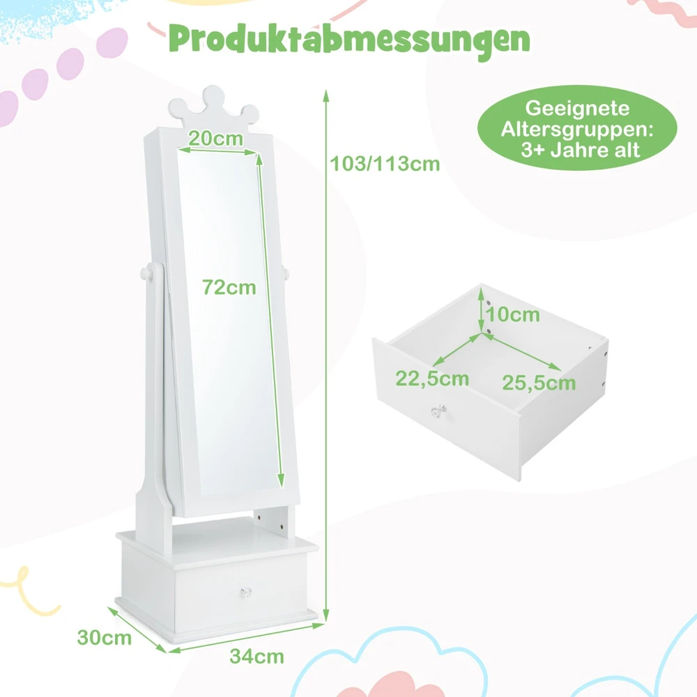 Promotions Vaikiška papuošalų spintelė su pilno ilgio veidrodžiu ir stalčiais 34,3x30,5x102,9/113 cm balta