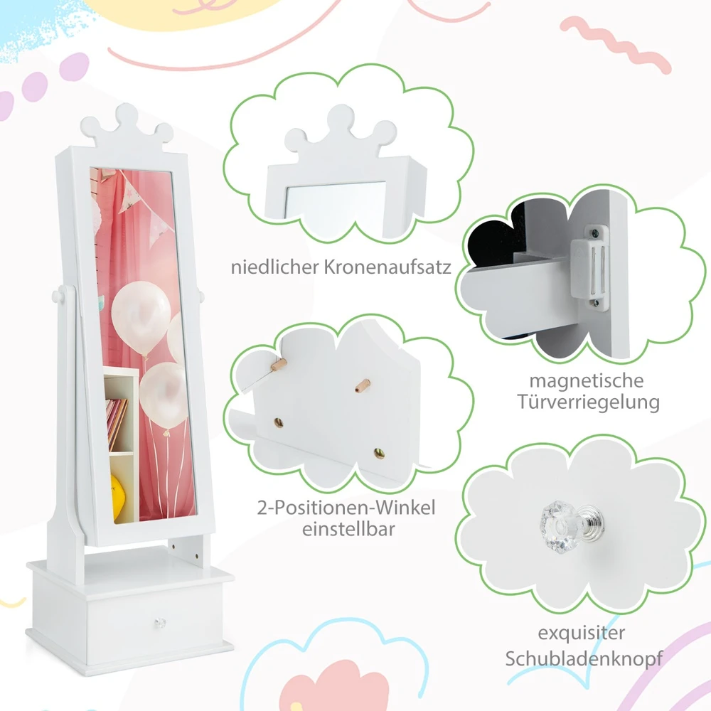 Promotions Vaikiška papuošalų spintelė su pilno ilgio veidrodžiu ir stalčiais 34,3x30,5x102,9/113 cm balta
