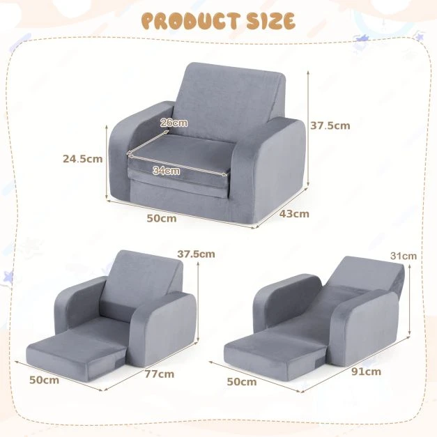 Promotions Vaikiška sofa-lova 3-in-1 transformuojama 91x50x31 cm Pilka kristalinė veliūrinė