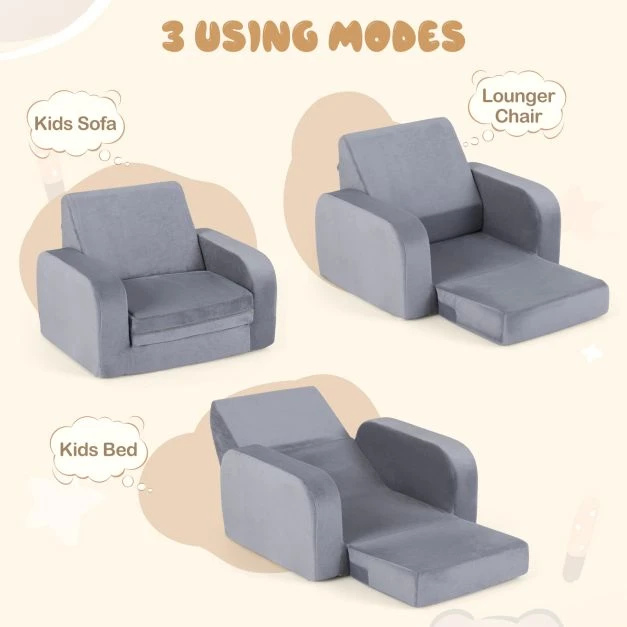 Promotions Vaikiška sofa-lova 3-in-1 transformuojama 91x50x31 cm Pilka kristalinė veliūrinė
