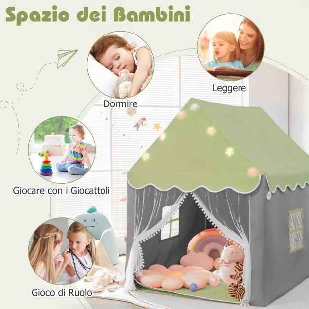 Promotions Vaikiška žaidimų palapinė su plaunama kilimėliu ir žvaigždžių švieselėmis 105x121x136 cm žalia