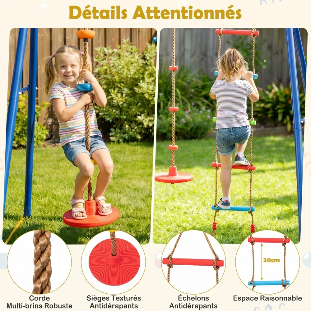 Promotions Vaikiškas 4 viename sūpynių komplektas su krepšinio lankų, kopimo kopėčiomis ir virve 246x190x188 cm geltona/mėlyna