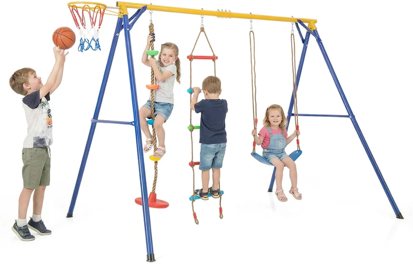 Promotions Vaikiškas 4 viename sūpynių komplektas su krepšinio lankų, kopimo kopėčiomis ir virve 246x190x188 cm geltona/mėlyna