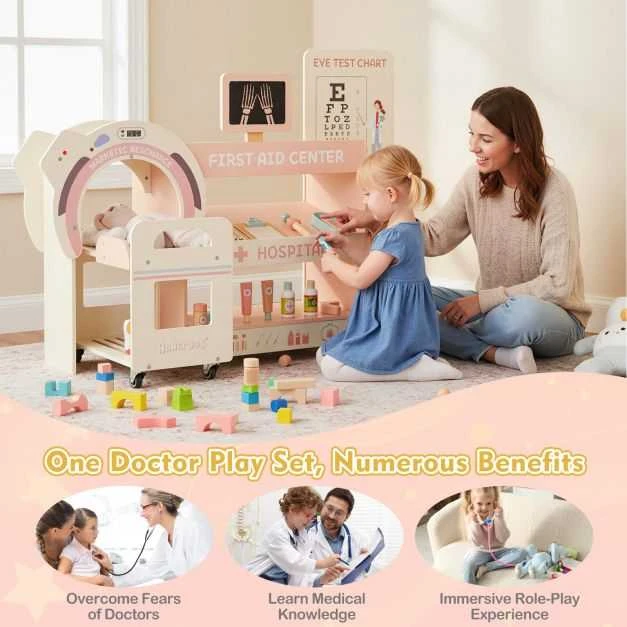 Promotions Vaikiškas gydytojo žaidimų rinkinys, 115.6x30.5x72.4 cm, rožinis, medinis vaidmenų ligoninės komplektas