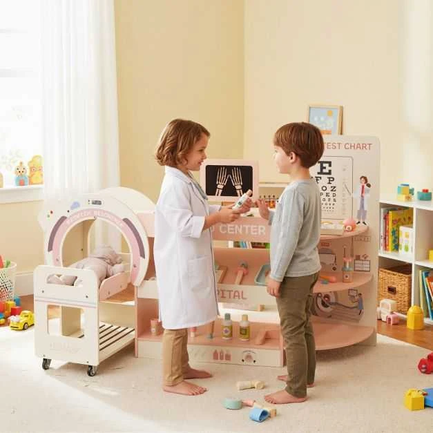 Promotions Vaikiškas gydytojo žaidimų rinkinys, 115.6x30.5x72.4 cm, rožinis, medinis vaidmenų ligoninės komplektas