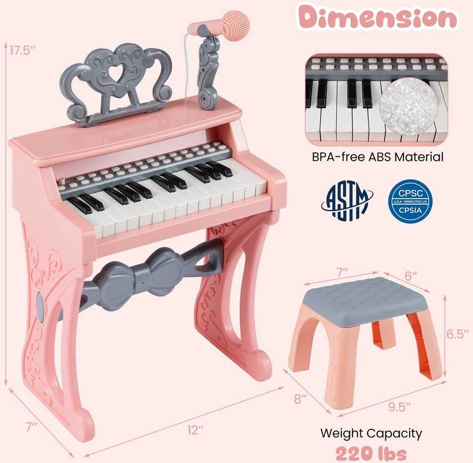Promotions Vaikiškas pianinas, 25 klavišai, 30.5x17.5x45 cm, rožinis
