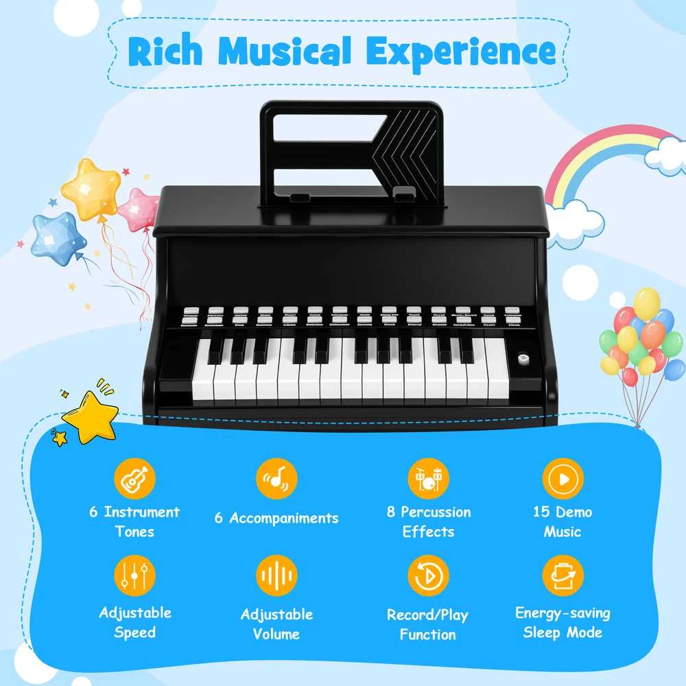 Promotions Vaikiškas pianinas, 25 klavišų mini skaitmeninis pianinas, 38x24x29 cm, juodas
