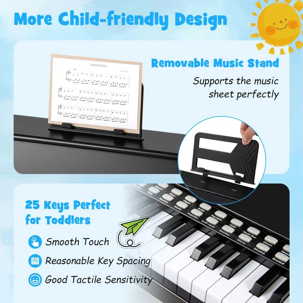 Promotions Vaikiškas pianinas, 25 klavišų mini skaitmeninis pianinas, 38x24x29 cm, juodas