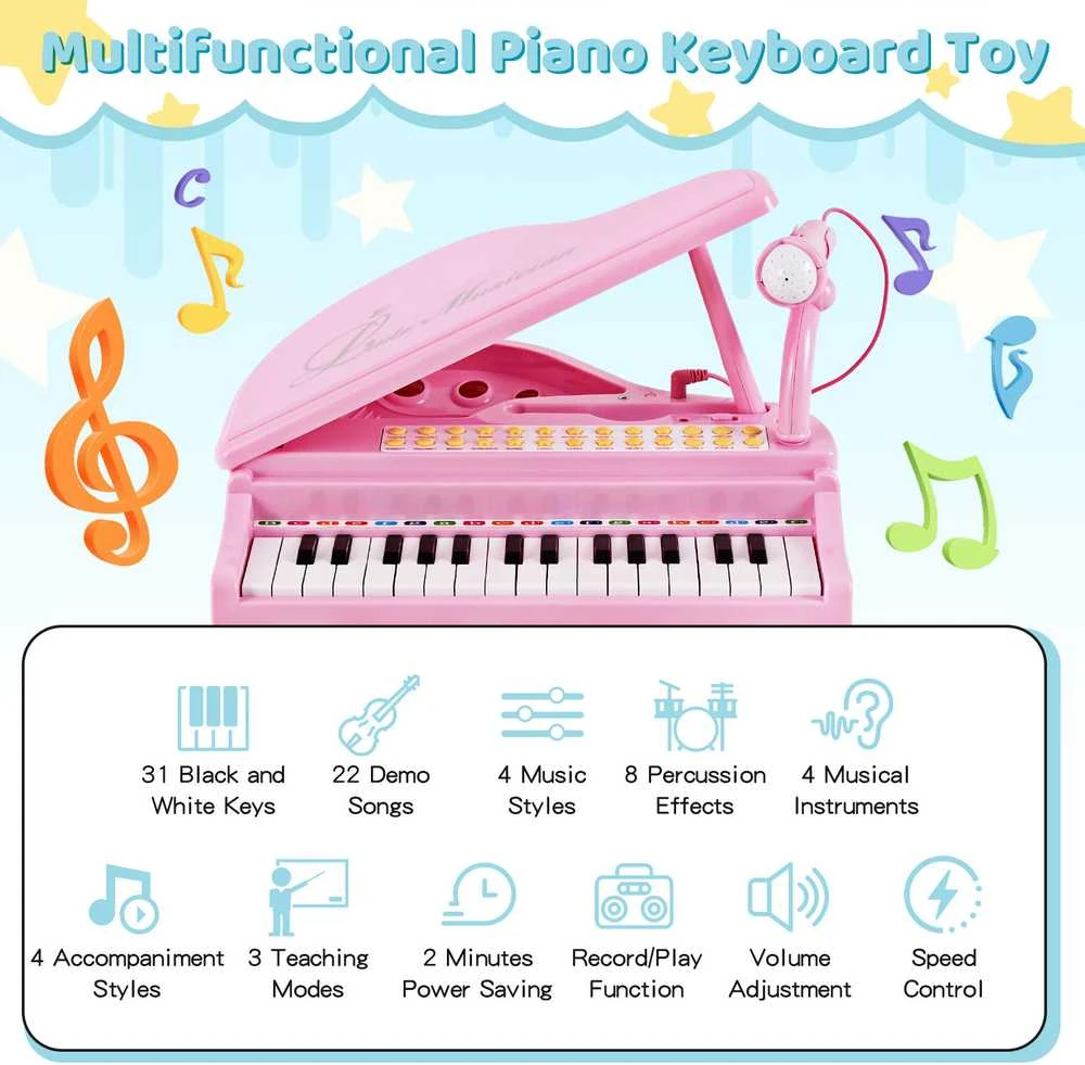 Promotions Vaikiškas pianino klaviatūra su kėdute ir mikrofonu, 35.6x30.5x54.6 cm, rožinė