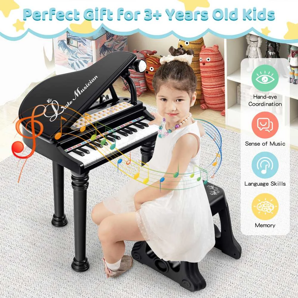 Promotions Vaikiškas pianino klaviatūros komplektas su taburete ir mikrofonu, 35,6x30,5x54,6 cm, juodas