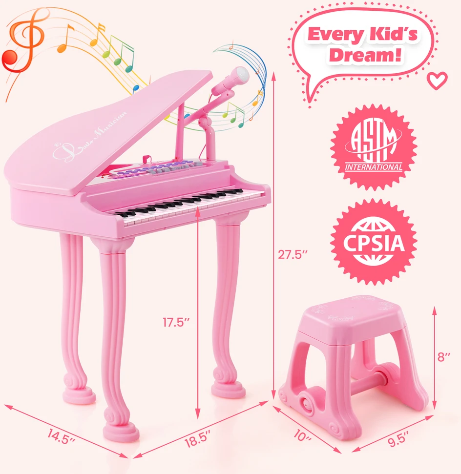 Promotions Vaikiškas pianino klaviatūros rinkinys su kėdute ir mikrofonu, 37 klavišai, rožinė