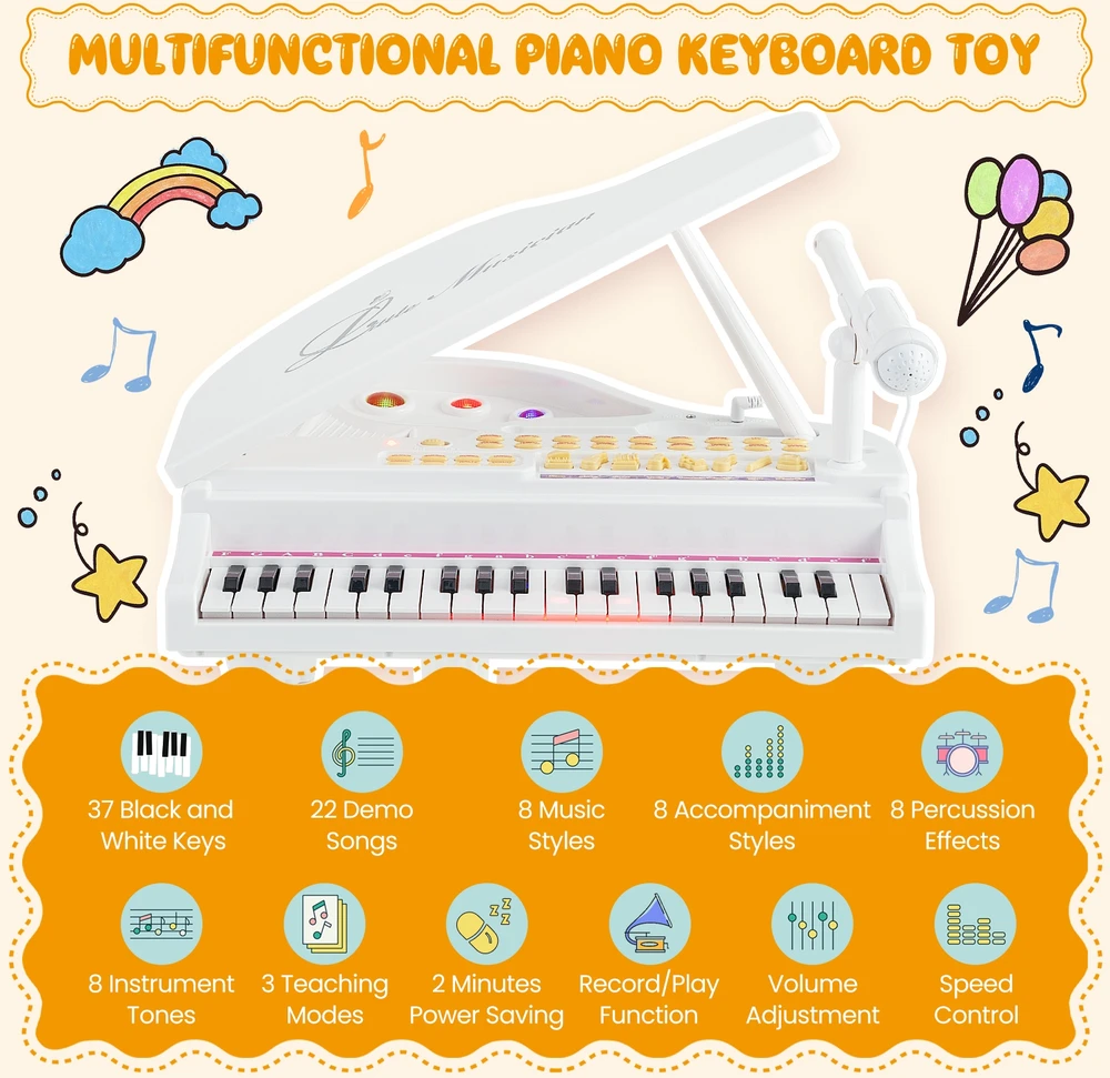 Promotions Vaikiškas pianino klaviatūros rinkinys su kėdute ir mikrofonu, 37 klavišai, baltas