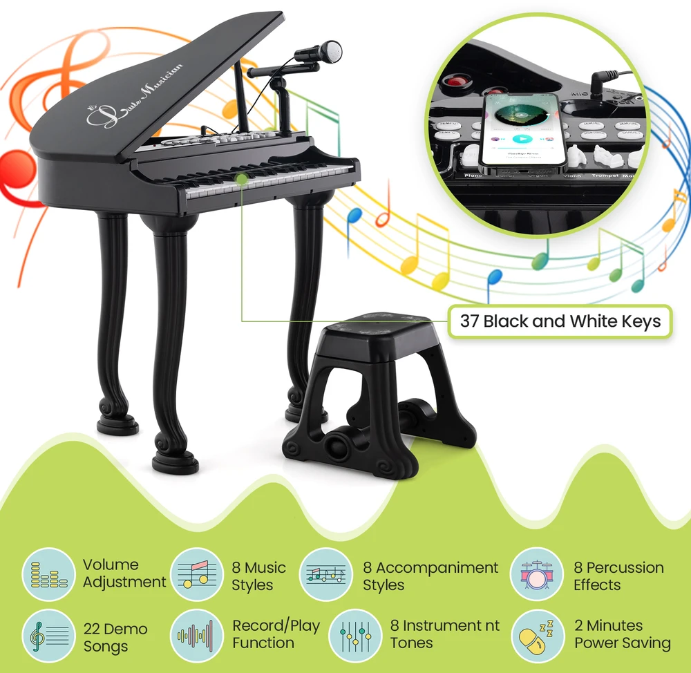 Promotions Vaikiškas pianino klaviatūros komplektas su kėdute ir mikrofonu, 37 klavišai, juodas