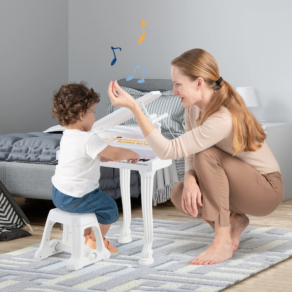 Promotions Vaikiškas pianino klaviatūros rinkinys su kėdute ir mikrofonu, 37 klavišai, baltas