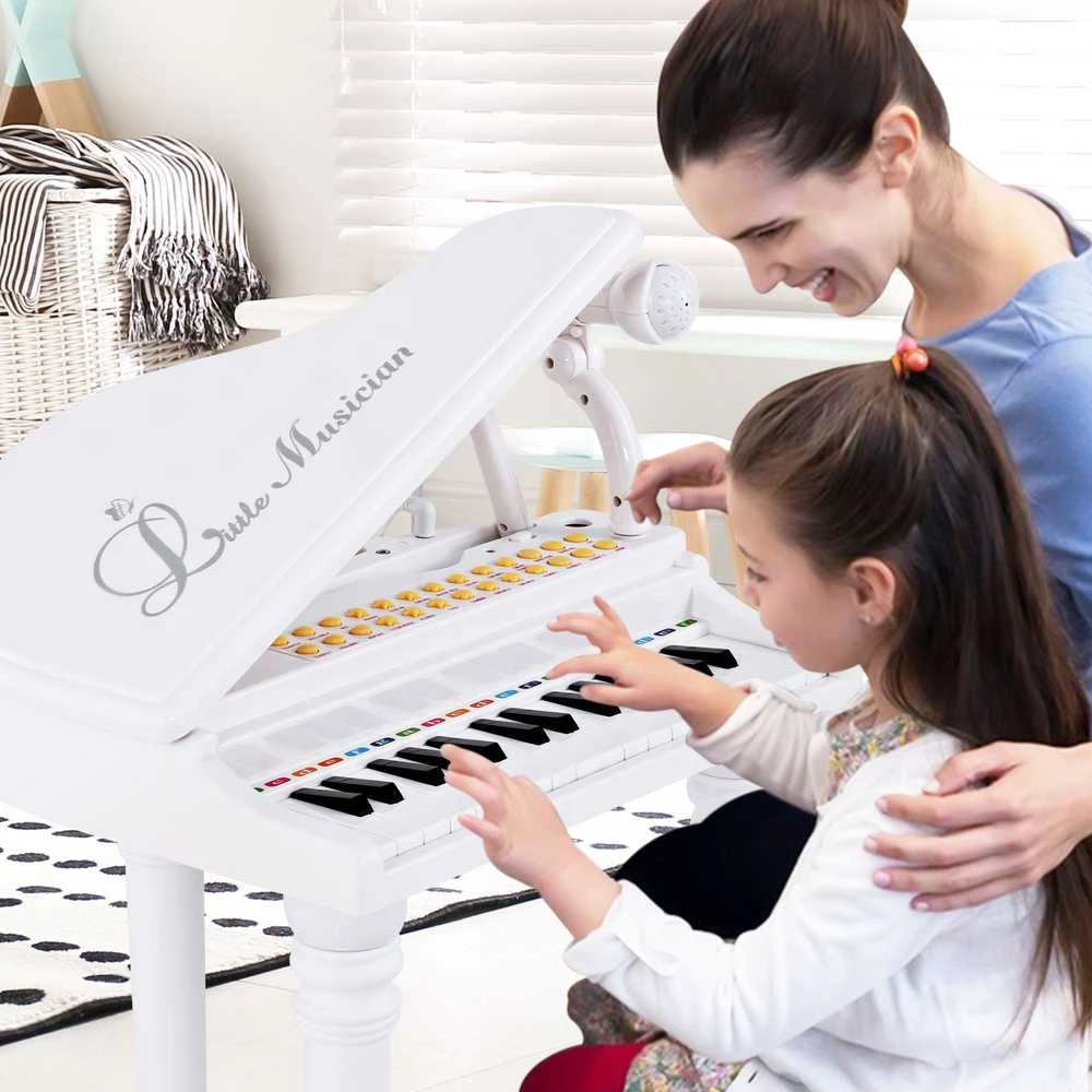 Promotions Vaikiškas pianino klaviatūros komplektas su kėdute ir mikrofonu, 35.6x30.5x54.6 cm, baltas