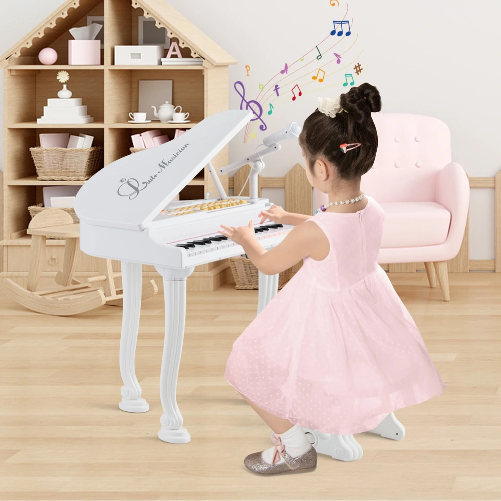 Promotions Vaikiškas pianino klaviatūros rinkinys su kėdute ir mikrofonu, 37 klavišai, baltas