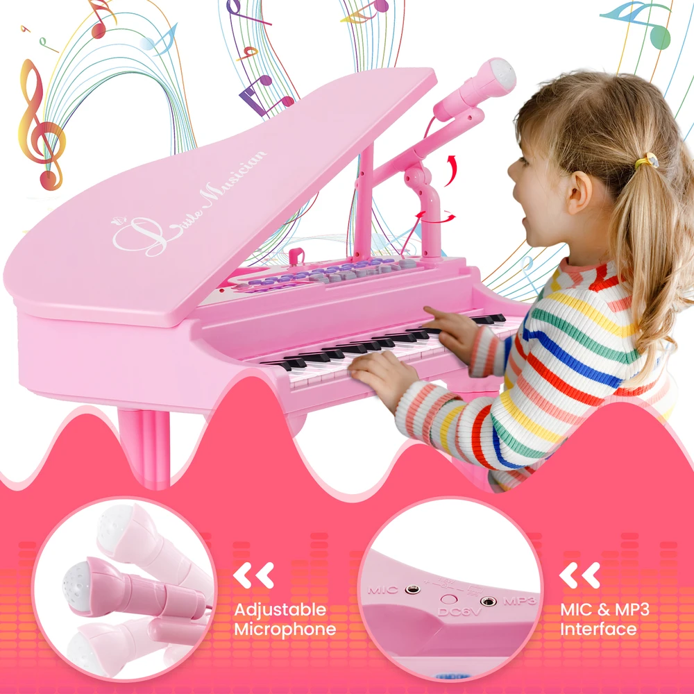 Promotions Vaikiškas pianino klaviatūros rinkinys su kėdute ir mikrofonu, 37 klavišai, rožinė