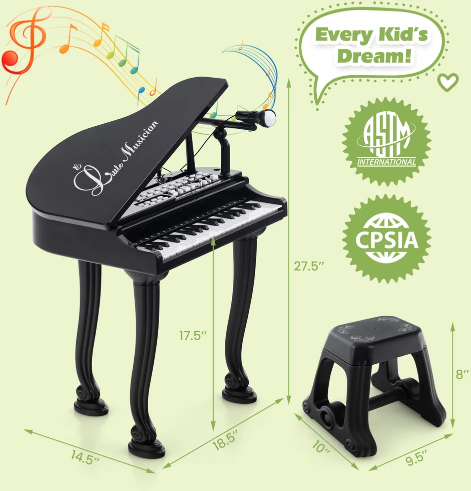 Promotions Vaikiškas pianino klaviatūros komplektas su kėdute ir mikrofonu, 37 klavišai, juodas